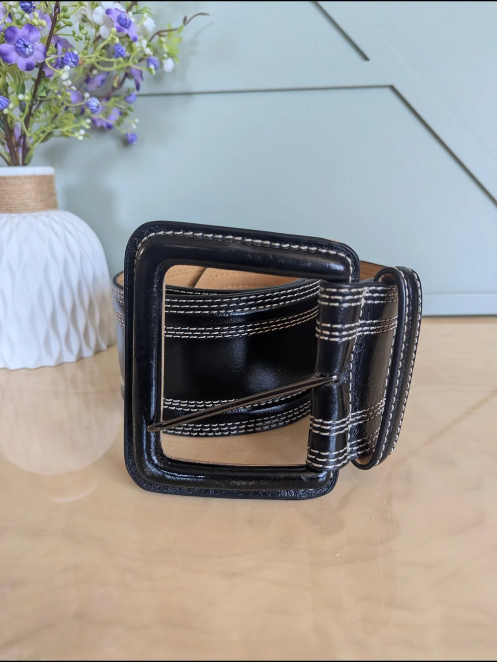 Worth Black Leather Belt with White Contrast Stitching
